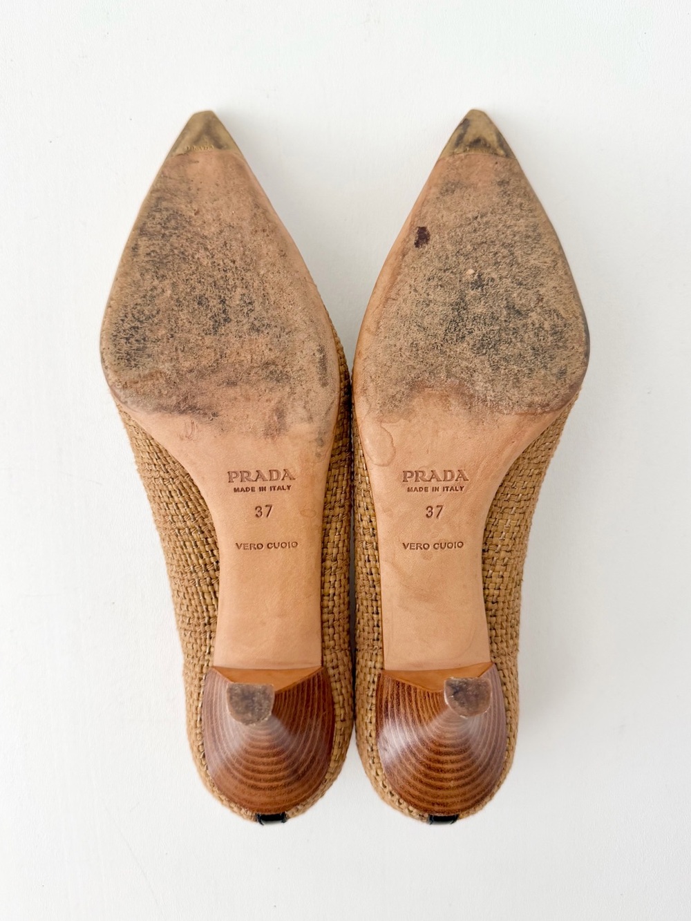 PRADA | Vintage Raffia Woven Leather Tan Pointed Toe Kitten Heel Pumps EU 37 - Picture 13 of 14